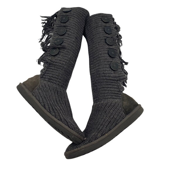 UGG Australia SN 1878 Dark Gray Knit Tall Boots Size 7 Fringe & Button Accents - Picture 1 of 9